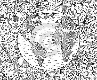 Adult coloring book page with planet earth Vector Illustration