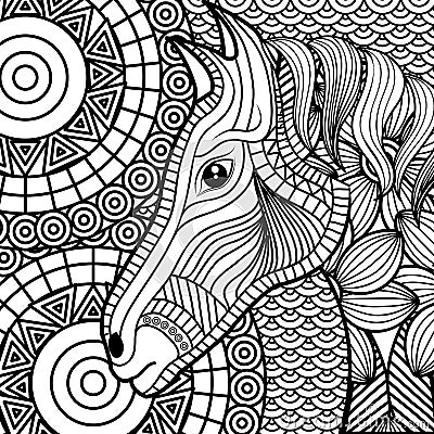 Adult coloring monochrome horse drawing Vector Illustration