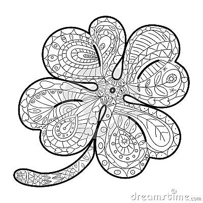 Adult coloring pages in doodle style, ethnic ornamental illustration. Hand drawn four leaf clover. Cartoon Illustration