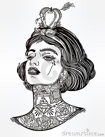 Adult coloring of young tattooed girl Vector Illustration