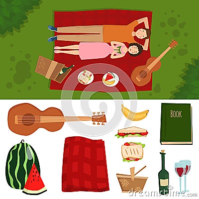 Adult couple man and woman on summer picnic barbecue outdoor romantic summer picnic food vector illustration Vector Illustration