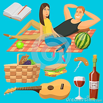 Adult couple on picnic plaid barbecue outdoor icons romantic summer picnic food vector illustration. Vector Illustration