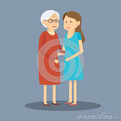 Adult Daughter and Elderly Mother Vector Illustration