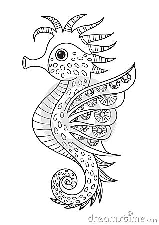 Adult doodle coloring book page sea horse. Antistress zentangle Cartoon Illustration