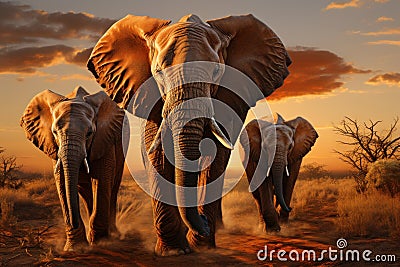 Adult elephant on african savannah in sunset. Created with Generative AI Stock Photo