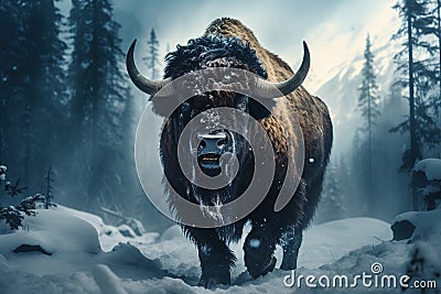 Adult European bison(Bison bonasus) bull in forest looking at camera Stock Photo