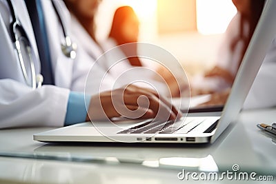 Adult experienced doctor checking laptop notebook analyzing patients data computer hospital medical bill healthcare Stock Photo