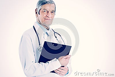 Adult experienced doctor with a folder and a stethoscope. Isolated on white background. Stock Photo