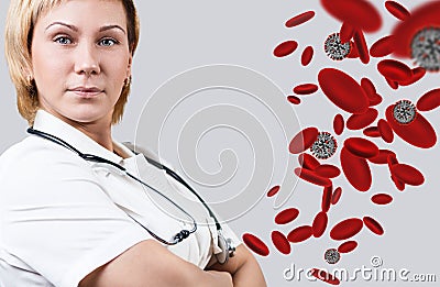 Adult female doctor near coronavirus in blood. Stock Photo