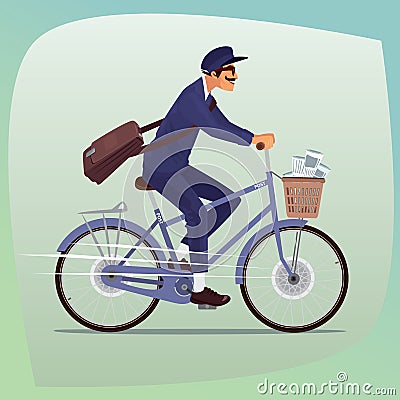 Adult funny postman rides on bicycle Vector Illustration