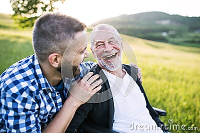 An adult hipster son with senior father in wheelchair on a walk in nature at sunset, laughing. Stock Photo