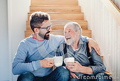 An adult hipster son and senior father sitting on stairs indoors at home, talking. Stock Photo