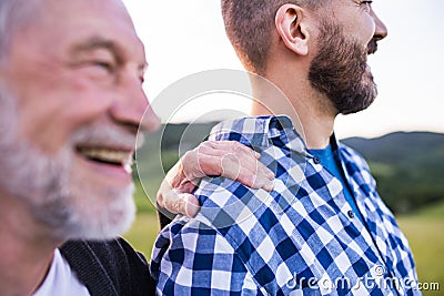 An adult hipster son with senior father on a walk in nature at sunset. Stock Photo