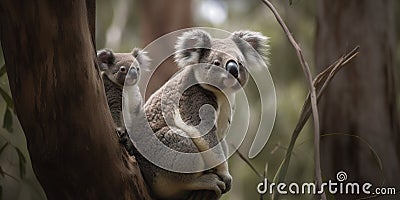 Adult koala with baby looking at distance in the forest Stock Photo