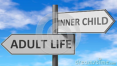 Adult life and inner child as a choice, pictured as words Adult life, inner child on road signs to show that when a person makes Cartoon Illustration