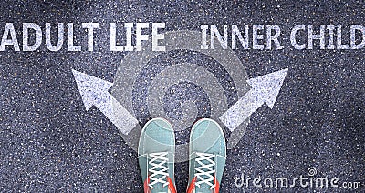 Adult life and inner child as different choices in life - pictured as words Adult life, inner child on a road to symbolize making Cartoon Illustration