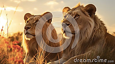Adult Lions Gazing into Distance during Golden Hour Sunset Stock Photo
