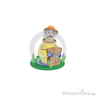 Beekeeper in special clothes sitting in grass and working Vector Illustration