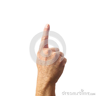 Adult male hand showing one finger up gesture isolated on white Stock Photo