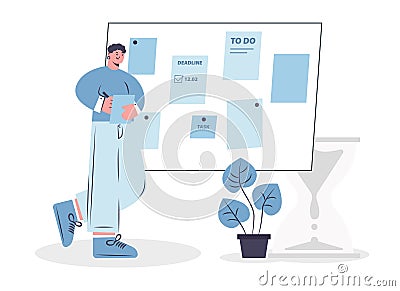 Adult male standing near board and making notes. Wise timing concept Vector Illustration