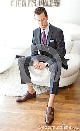 Adult Male Wearing A Grey Three Piece Suit Stock Photo