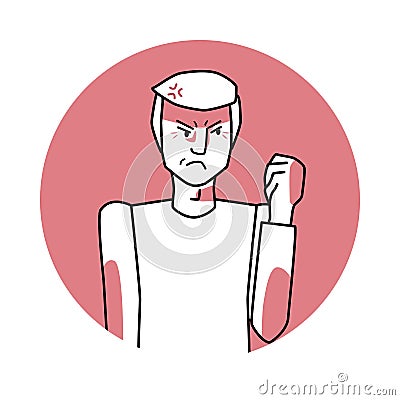 Adult man with angry emotion, facial expression with hands. Annoyed male, expressing his negative feelings with gestures. Red Vector Illustration