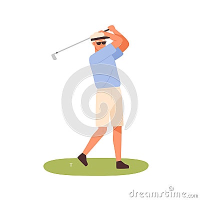 Adult man in cap, shorts and sunglasses playing golf. Professional golfer sportsman. Outdoor activity, hobby. Flat Vector Illustration