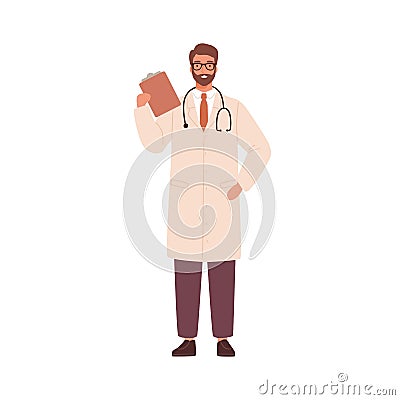 Adult man, doctor physician, practitioner, paramedic holding medical history notepad, stethoscope. Health care hospital Vector Illustration