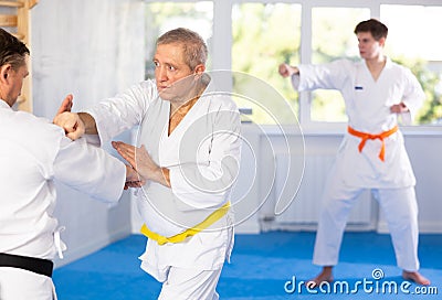 Adult and elderly men training karate fight Stock Photo