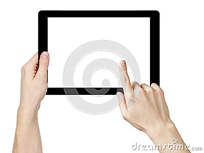 Adult man hands using generic tablet pc with white screen Stock Photo