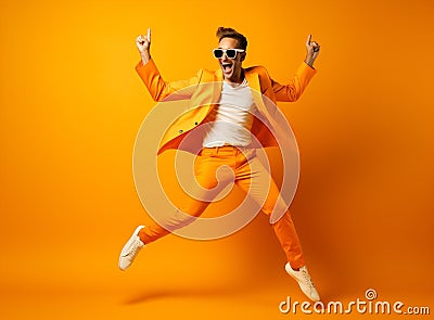 Adult man jump attractive positive fashion style fun action modern trendy orange guy handsome black Stock Photo