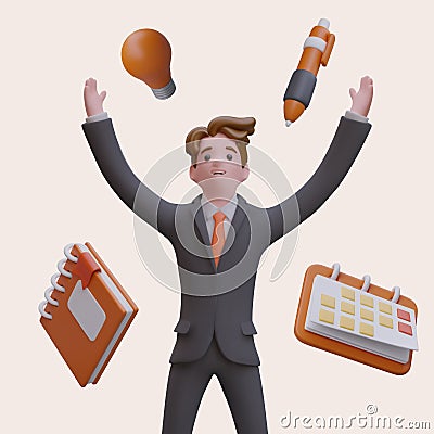 Adult man rising up hands, using office supplies. Planning and performing tasks Vector Illustration