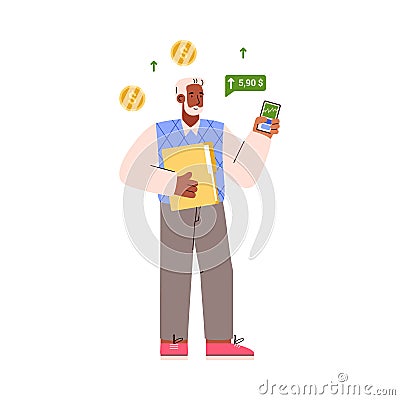 Adult man trader character watching dollar rise in mobile application flat style Vector Illustration