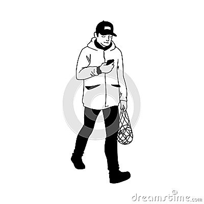 Adult man walking, looking at his smartphone. Monochrome vector illustration of man returns from the supermarket with a Vector Illustration