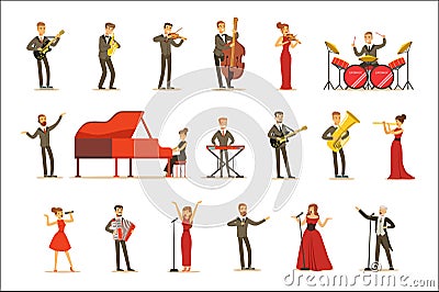 Adult Musicians And Singers Performing A Musical Number On Stage In Music Hall Set Of Cartoon Characters Vector Illustration