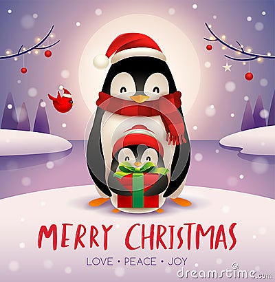 Adult penguin and baby penguin under the moonlight in Christmas snow scene Vector Illustration