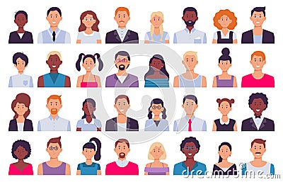 Adult people avatars. Man in business suit, corporate woman avatar and professional person icon flat vector illustration set Vector Illustration