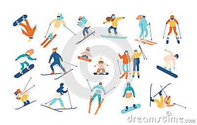 Adult people and children dressed in winter clothing snowboarding and skiing. Male and female cartoon ski and snowboard Vector Illustration