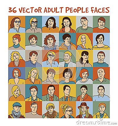 Adult people color faces characters set Vector Illustration