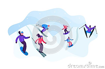 Adult People Dressed in Winter Clothing Skiing and Snowboarding. Male Female Riders Characters Having Fun and Winter Vector Illustration