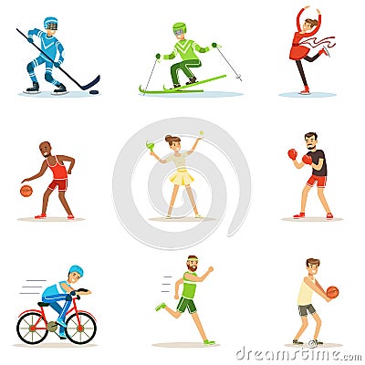 Adult People Practicing Different Olympic Sports Series Of Cartoon Characters In Sportive Uniform Participating In Vector Illustration