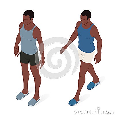 Adult person, underwear and slippers. Isometric vector illustration of an African ethnicity person. Vector Illustration