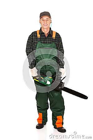 Adult sawyer with chainsaw Stock Photo