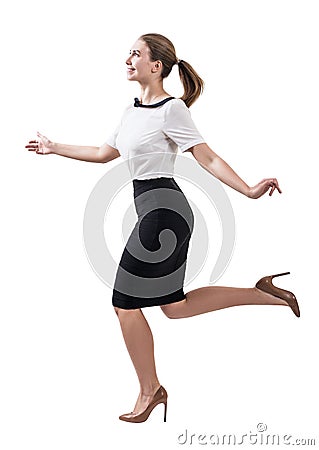 Adult smiling business woman running. Stock Photo