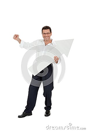 Adult smiling businessman red signboard pointing isolated Stock Photo