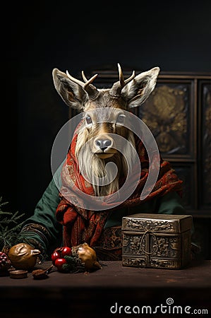 Adult stag as a Christmas character holding sitting behind a table Stock Photo