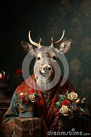 Adult stag as a Christmas character holding presents and flowers Stock Photo