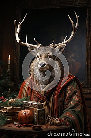 Adult stag as a Christmas character holding sitting behind a table Stock Photo