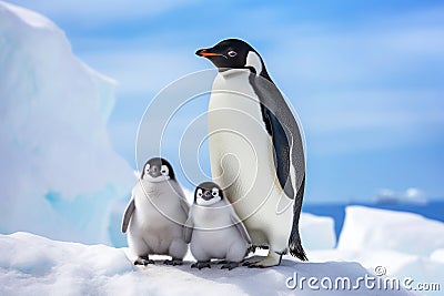 Adult and two chick Penguin resting on ice Stock Photo
