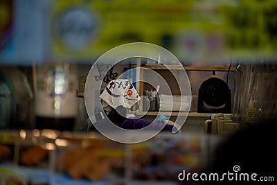 adult wearing a protective hat standing in front of a bustling food stall in an outdoor setting Editorial Stock Photo